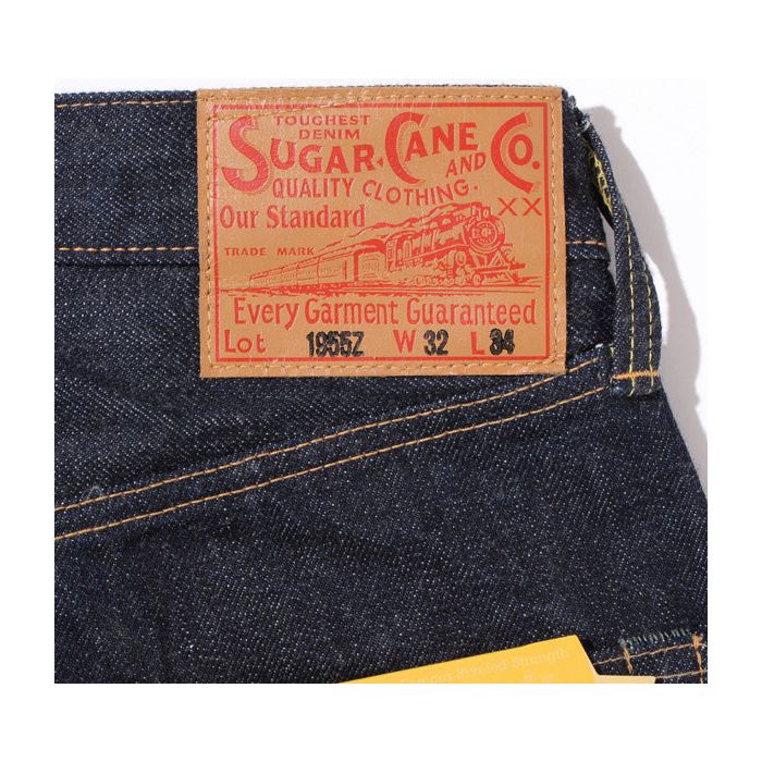 Sugar Cane - 1955z Model - Straight Leg - Selvedge Denim Jeans - One Wash Indigo - Leather patch with train branding