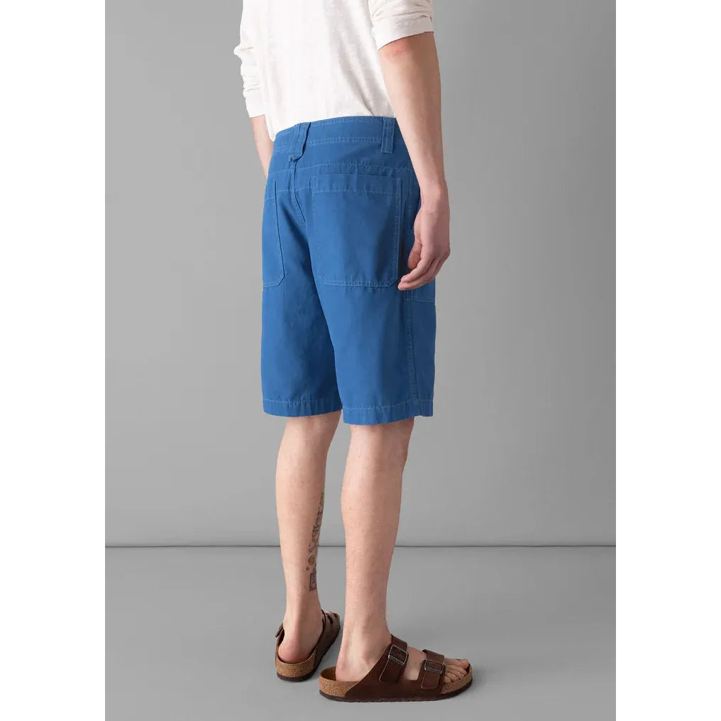 Toast - Garment Dyed Cotton Canvas Shorts - Flask Blue - Model side view with sandals and tshirt