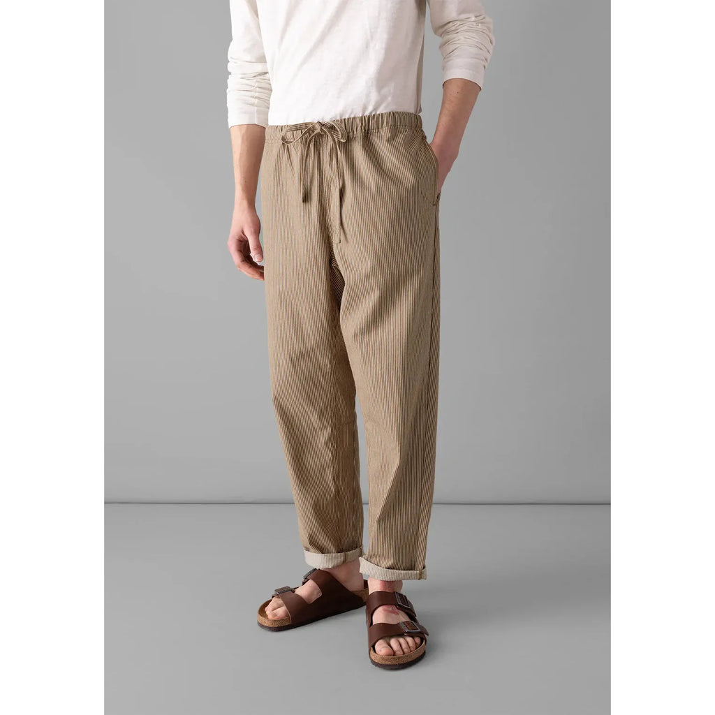 Toast - Alfie Stripe Organic Cotton Trousers - Ecru/ Brown- Model Front View - 