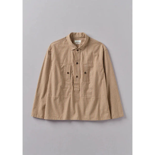 Toast - Half Placket Stripe Workwear Shirt - Brown Ticking Stripe - Front view flatlay