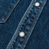 Freenote Cloth - modern western Shirt - 11 ounce - washed denim - Close up of western enamel buttons