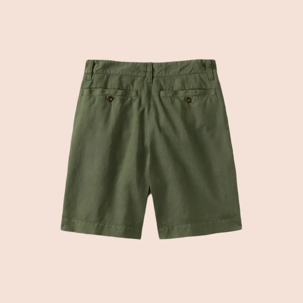 Toast - Double Pleat Cotton Linen Shorts - Pine Green- Rear View - Flat lay