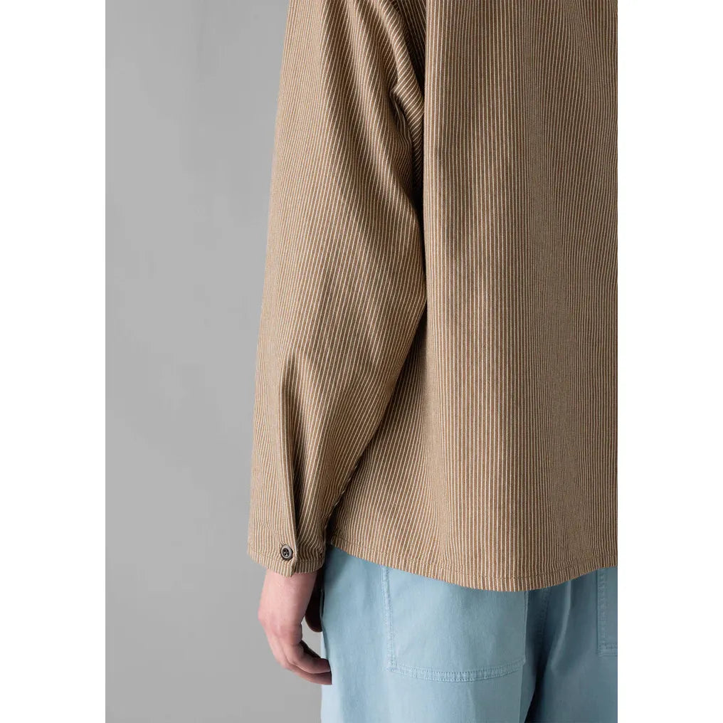 Toast - Half Placket Stripe Workwear Shirt - Brown Ticking Stripe - rear view - Fabric close up