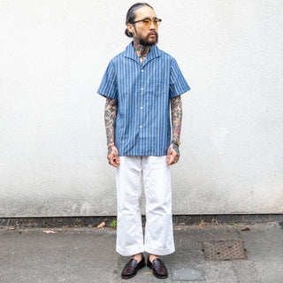 Pherrow's Open Collar Shirt Navy Stripe