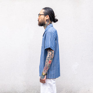 Pherrow's Open Collar Shirt Navy Stripe