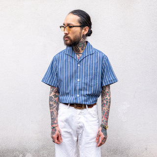 Pherrow's Open Collar Shirt Navy Stripe