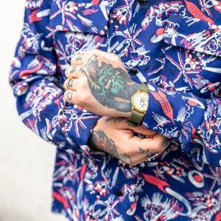 close up shot of hawaiin shirt on model