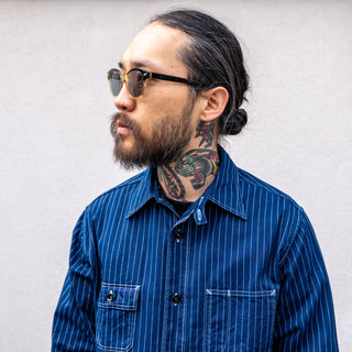 model wearing sugar cane blue shirt