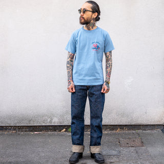 shop the look image with blue t-shirt and selvedge jeans