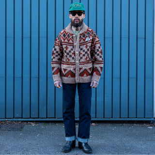 Pherrows Handmade Navajo Knitted Wool Cardigan Beige Red