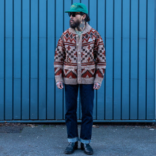 Pherrows Handmade Navajo Knitted Wool Cardigan Beige Red