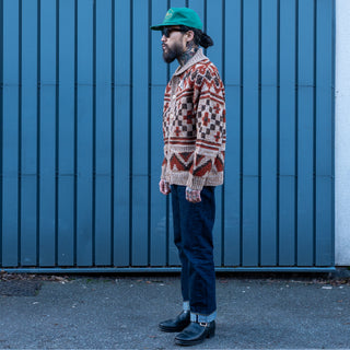 Pherrows Handmade Navajo Knitted Wool Cardigan Beige Red