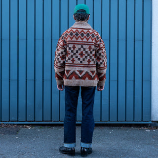 Pherrows Handmade Navajo Knitted Wool Cardigan Beige Red