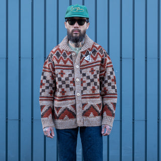 Pherrows Handmade Navajo Knitted Wool Cardigan Beige Red