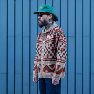 Pherrows Handmade Navajo Knitted Wool Cardigan Beige Red