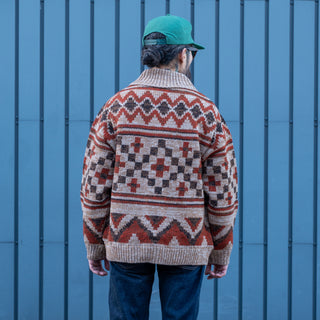Pherrows Handmade Navajo Knitted Wool Cardigan Beige Red
