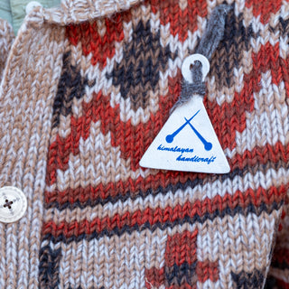 Pherrows Handmade Navajo Knitted Wool Cardigan Beige Red