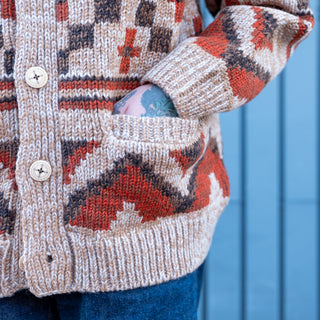 Pherrows Handmade Navajo Knitted Wool Cardigan Beige Red