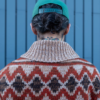 Pherrows Handmade Navajo Knitted Wool Cardigan Beige Red