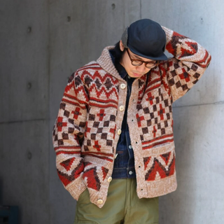 Pherrows Handmade Navajo Knitted Wool Cardigan Beige Red