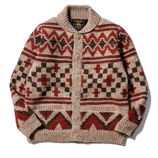 Pherrows Handmade Navajo Knitted Wool Cardigan Beige Red